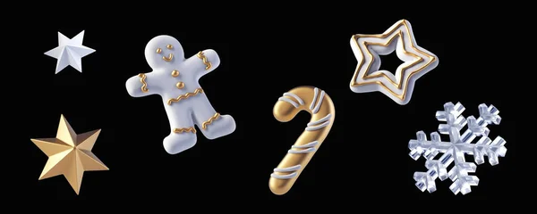 3D渲染 白色和金色的圣诞装饰品 一套节庆夹子艺术元素孤立在黑色背景 人形姜饼饼干 糖果曲奇饼和星形饼干 图库照片