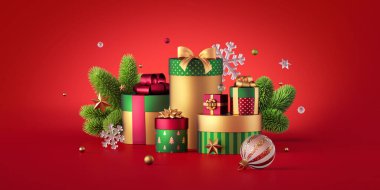 3 boyutlu görüntüleme, kırmızı arka plan, Noel süsleri, cam toplar, kristal kar taneleri, paketlenmiş hediye kutuları ve yeşil ladin dalları. Geleneksel tatil duvar kağıdı