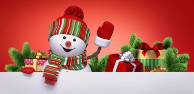 3 boyutlu görüntüleme. Noel duvar kâğıdı. Kırmızı arka plan, mutlu kardan adam maskotu elini sallıyor, paketlenmiş hediye kutuları.