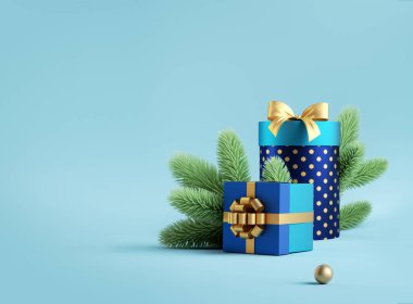 3D görüntüleme. Noel paketlenmiş hediye kutuları, şenlikli süsler ve ebedi yeşil ladin dalları. Açık mavi arkaplanda izole edilmiş bir klip sanatı. Mavi yeşil kış tatili duvar kağıdı