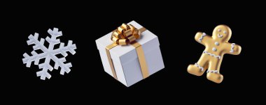 3D görüntüleme, beyaz ve altın Noel süsleri, siyah arkaplanda izole edilmiş festival klipsi sanat unsurları seti