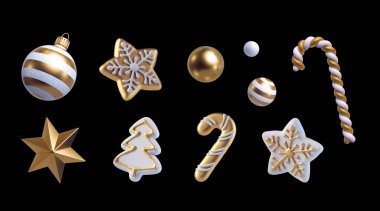 3D görüntüleme, beyaz ve altın Noel süsleri, siyah arkaplanda izole edilmiş festival klipsi sanat öğeleri koleksiyonu