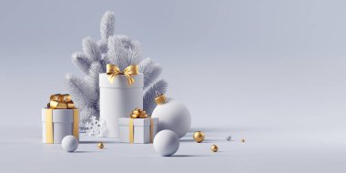 3 boyutlu, beyaz ve altın sarısı Noel arkaplanı. Şenlikli süsler, cam toplar, paketlenmiş hediye kutuları ve ladin dalları. Xmas duvar kağıdı. Geleneksel bayram tebrik kartı şablonu