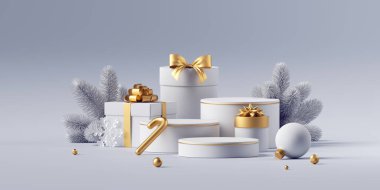 3D renkler, beyaz ve altın sarısı tatil arkaplanı boş podyumlar, donmuş ladin dalları, paketlenmiş hediye kutuları ve Noel süsleri. Ürün sunumu için şenlikli gösteri