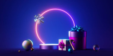 3D görüntüleme, boş sahne, neon ışığı ve hediye kutuları. Kürsüsü ve parlak yuvarlak çerçeveli, mavi arka planda izole edilmiş gelecekteki Noel gösterisi