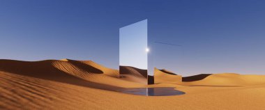 3D görüntüleme, soyut fantastik panoramik arkaplan. Kum suyu ve temiz mavi gökyüzünün altındaki kare aynalı çöl manzarası. Modern asgari estetik duvar kağıdı