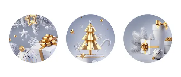 Рендеринг Набор Разнообразных Круглых Рождественских Этикеток Праздничный Белый Золотой Клип — стоковое фото