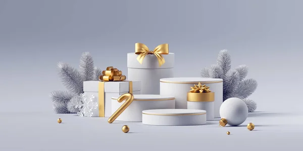 3d render, white and gold winter holiday background with empty podiums, frozen spruce twigs, wrapped gift boxes and Christmas ornaments. Festive showcase for products presentation