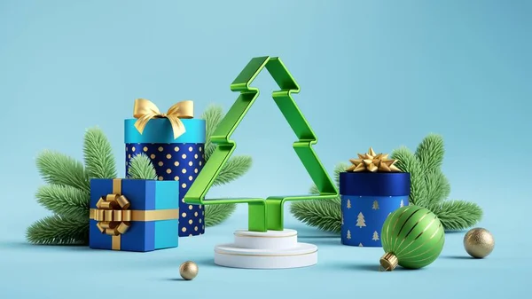 Renderização Cartão Natal Quadro Abeto Verde Caixas Presente Embrulhadas Ornamentos Fotos De Bancos De Imagens