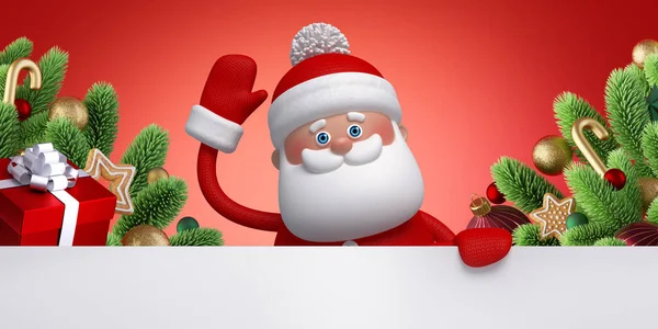 3D渲染 有趣的圣诞老人玩具看着相机 拿着白页 喜庆的装饰品和礼品盒盖在红色的背景上 圣诞横幅 免版税图库照片