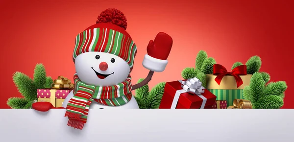 Καθιστούν Χριστουγεννιάτικη Ταπετσαρία Κόκκινο Φόντο Χαρούμενη Μασκότ Χιονάνθρωπος Κουνώντας Χέρι Φωτογραφία Αρχείου
