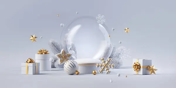 Darstellung Winterurlaub Tapete Festlicher Weißgoldener Weihnachtsschmuck Und Christbaumkugeln Leere Glasschneekugel Stockbild