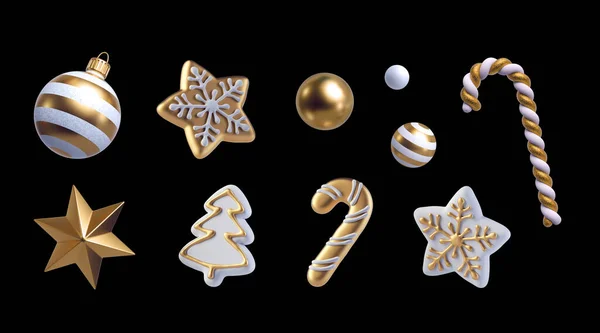3D渲染 白色和金色圣诞装饰品 收集基于黑色背景的节庆夹子艺术元素 图库照片