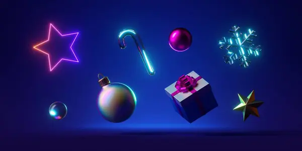 Render Festlicher Weihnachtsschmuck Beleuchtet Mit Rosa Blauem Neonlicht Isoliert Auf lizenzfreie Stockfotos