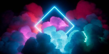 3D render, soyut fantastik neon arkaplan, aydınlatılmış bulutlar ve parlayan doğrusal geometrik çerçeve. Fütürist duvar kağıdı, enerji kavramı