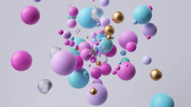 3 boyutlu, soyut modern geometrik duvar kağıdı. Pembe mavi ve altın karışımı toplar. Kaotik çok renkli parçacıklar havada asılı, beyaz arkaplanda izole
