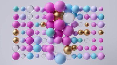 3 boyutlu, soyut modern geometrik duvar kağıdı. Pembe mavi ve altın toplar. Beyaz arkaplanda izole edilmiş kaotik çok renkli parçacıklar