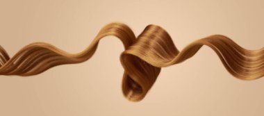 3D görüntüleme. İpeksi, sağlıklı kıvırcık saçlar bej arka planda izole edilmiş. Kızıl saçlı peruk, sarmal kıllı kurdele, Chignon kızıl saç uzatma tokası.