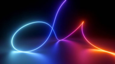 Üç boyutlu rengarenk neon kıvrımlı çizgiler ve karanlıkta parlayan halkalar. Doğrusal ışık vuruşlu minimalist duvar kağıdı