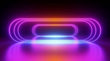 3D çizim, soyut neon arkaplan, yuvarlak geometrik çerçeve şekilleri, parlayan pembe neon çizgiler, morötesi spektrum. Siber uzay. Fütürist duvar kağıdı