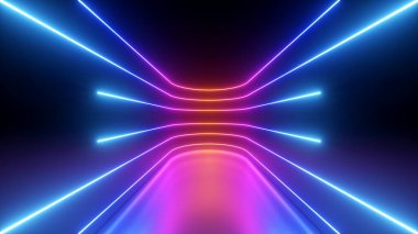 3 boyutlu görüntüleme. Soyut fütüristik neon fon. Karanlıkta parlayan kırmızı, mavi yuvarlak çizgiler. Ultraviyole spektrum. Siber uzay. Minimalist duvar kağıdı