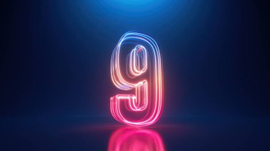 3D görüntüleme. Neon dokuz numara. Cam sembolün içinde parlayan renkli bir çizgi 9 şekli var. Üst tablo