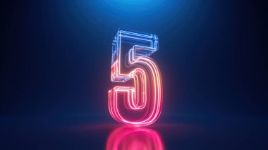 3D görüntüleme. Beş numaralı neon. Cam sembolün içindeki parlak çizgi 5 şeklindeydi. Üst tablo