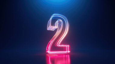 3D görüntüleme. İki numaralı neon. Cam sembol 2 'nin içindeki parlak renkli çizgi. Üst tablo