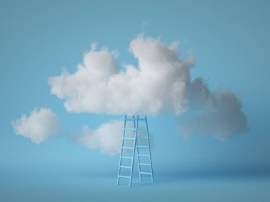 3D çizim, mavi merdiven, beyaz yumuşak bulutun altında, mavi arka planda izole edilmiş, cennet, gökyüzü, minimum konsept