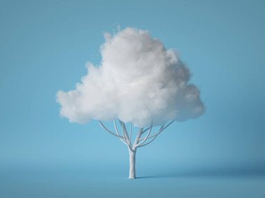 3D görüntüleme, beyaz kabarık bulut, kümülüs, ağaç konsepti, mavi arka planda izole edilmiş.