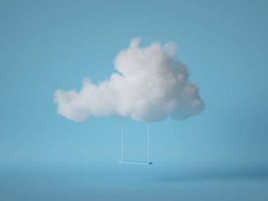 3D görüntüleme, beyaz pamuk bulutunun altında sallanma, mavi arka planda izole edilmiş, minimum konsept