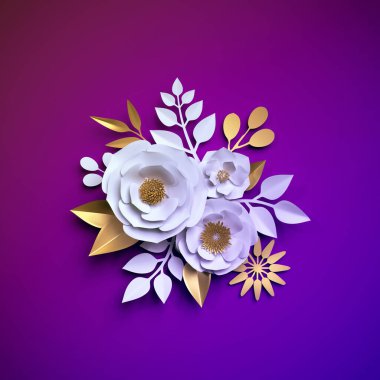 3d render, beyaz altın kağıt çiçekler, çiçek buketi, neon botanik arka plan, ultraviyole, quilling, şenlikli dekorasyon