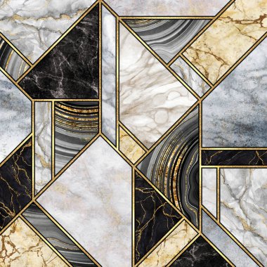 abstract background, modern marble mosaic, art deco wallpaper, artificial stone texture, black white gold marbled tile, geometrical fashion marbling illustration clipart