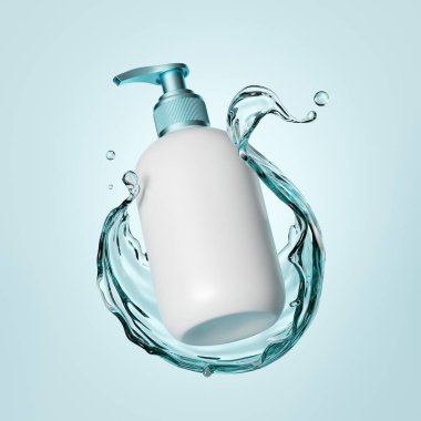 3D görüntüleme, kozmetik şişe markalaştırma modeli, beyaz şeker kutusu ve su sıçrama spreyi, sıvı sabun temizleyici, cilt bakımı ürünü için boş paket.