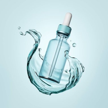 3D çizim, cam kozmetik şişesi, içine damlatan pipetle su sıçrayan, izole nesne, güzellik afişi şablonu, cilt bakımı için boş paket maketi