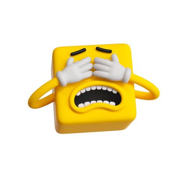 3D canlandırma, soyut duygusal yüz simgesi, beyaz arkaplanda izole edilmiş sarı emotikon klipsi. Korkak karakter çizimi, kapalı gözlü çizgi film canavarı kare emoji, sevimli küp oyuncağı.