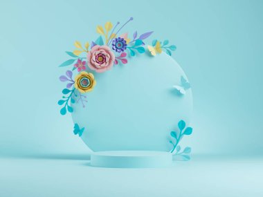 3D çizim, soyut mavi çiçek arkaplanı. Renkli kağıt çiçekli yuvarlak tahta, botanik kemerli. Dükkan ürünleri sergisi, boş podyum, boş kaide, yuvarlak sahne. Boş poster modeli.