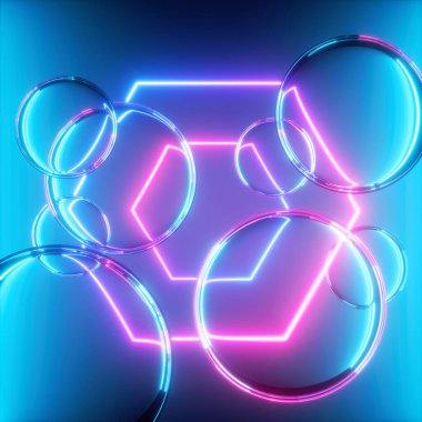 3D görüntüleme, cam toplar ve parıldayan lazer altıgen, şeffaf kabarcıklar ve pembe mavi neon ışık