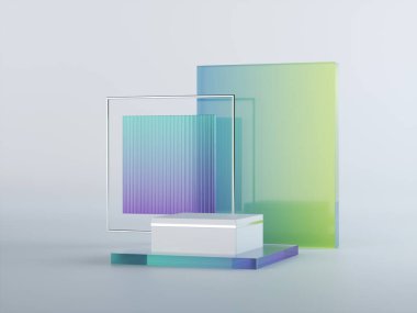 3D render, soyut geometrik arkaplan mavi yeşil şeffaf kare cam. Modern minimal vitrin modeli. Boş kaide, boş podyum, ticari ürün gösterimi için sahne platformu