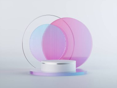 3d render, abstract geometrical background with pink blue translucent round glass. Modern minimal showcase mockup. Vacant pedestal platform for commercial product displaying, empty podium, round stage