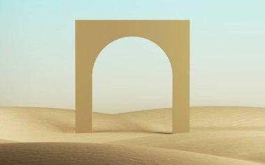 3D görüntüleme, soyut modern minimal arkaplan çöl manzarası, kapılar ve kum tepeleri üzerinde kemer