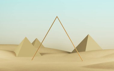 3D görüntüleme, soyut modern minimal arkaplan piramitler ve bir çöl manzarasında altın üçgen boş çerçeve