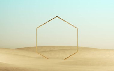 3D görüntüleme, kum tepecikleri ve basit geometrik şekilli soyut modern arkaplan, altın altıgen çerçeveli çöl manzarası