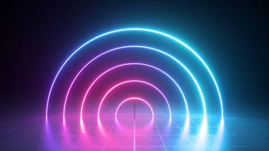 3D görüntüleme, soyut neon hatları siyah arkaplanda izole edildi. Ultraviyole spektrum. Pembe parlak halkalar, kemer şeklinde lazer ışınları..