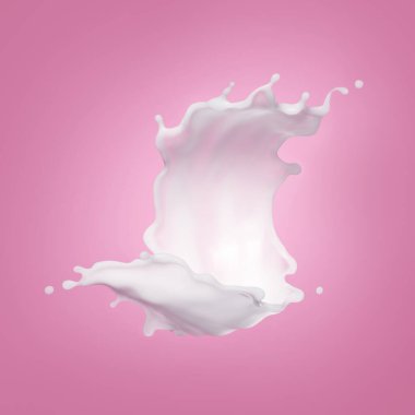 3D görüntüleme, soyut süt sıçrama sanatı pembe arka planda izole edilmiş, beyaz spiral jet, dalgalı sıvı sıçrama