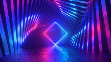 3D görüntüleme, soyut pembe neon arkaplan parlayan kare şekilli, fütüristik duvar kağıdı