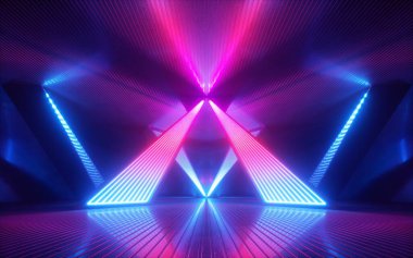 3D görüntüleme, soyut neon ışık arkaplanı. Gelecekçi teknoloji konsepti. Lazer ışınları performans sahnesi.