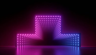 3D görüntüleme, soyut neon arkaplan, parlayan pembe mavi ışık, geometrik şekil ve içinde tünel optik illüzyon. Modern minimal tasarım, boş performans sahne yansıması