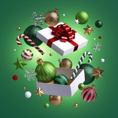 3D görüntü, Noel illüstrasyonu. Şenlikli süsler hediye kutusundan uçar, yeşil arka planda izole edilmiş klipsli sanat eserleri. Cam toplar, baston şekerler, yıldızlar ve kar taneleri.