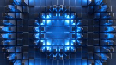 Geometrik desenli ve mavi neon parıltılı, siber teknoloji duvar kağıtlı 3D, soyut fütüristik arkaplan